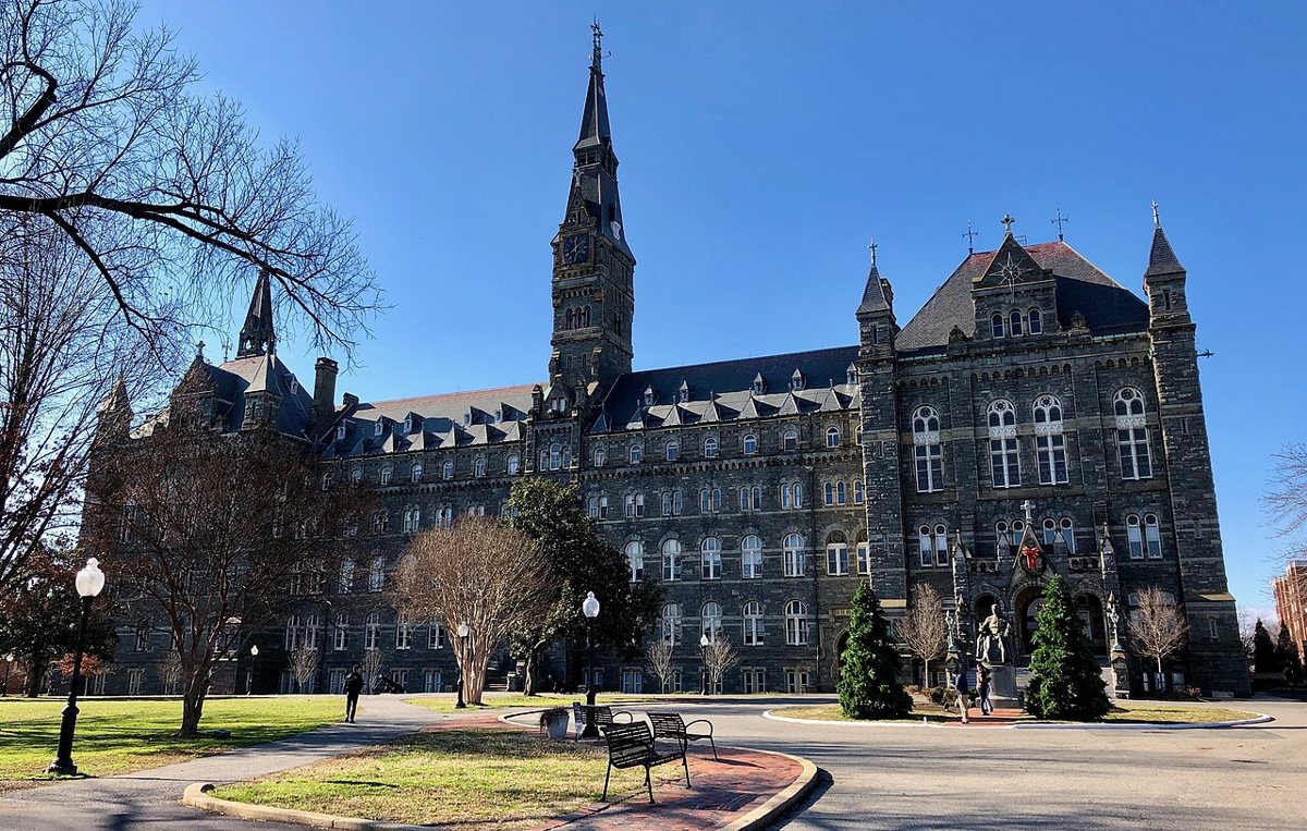 the historic stone gates and campus buildings of Georgetown University