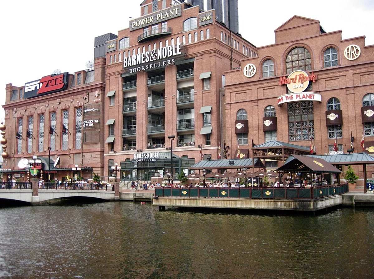 Waterfront skyline and boats at the Inner Harbor in Baltimore Maryland