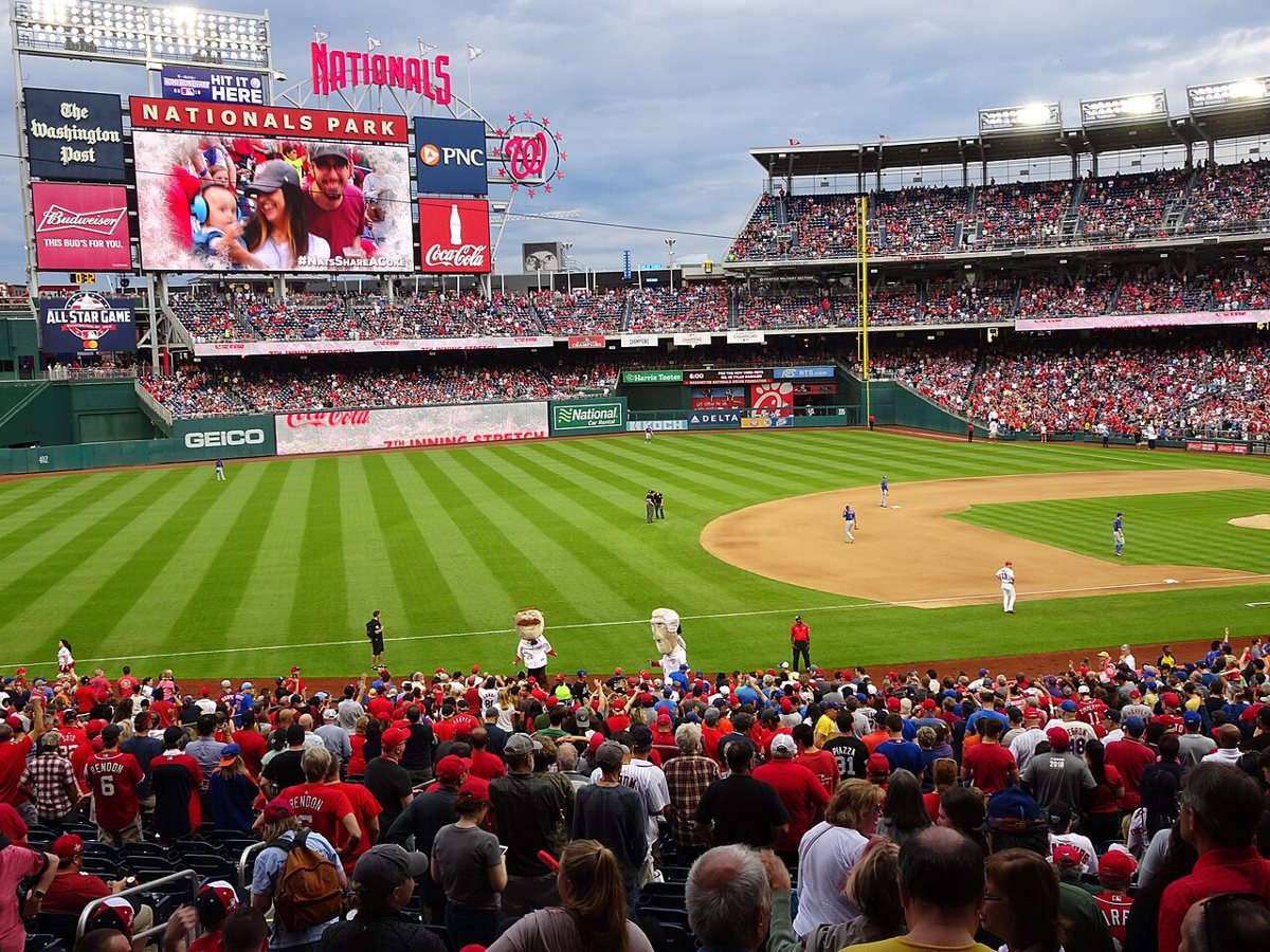 Fans in the stands at Nationals Park during a night game in Washington DC