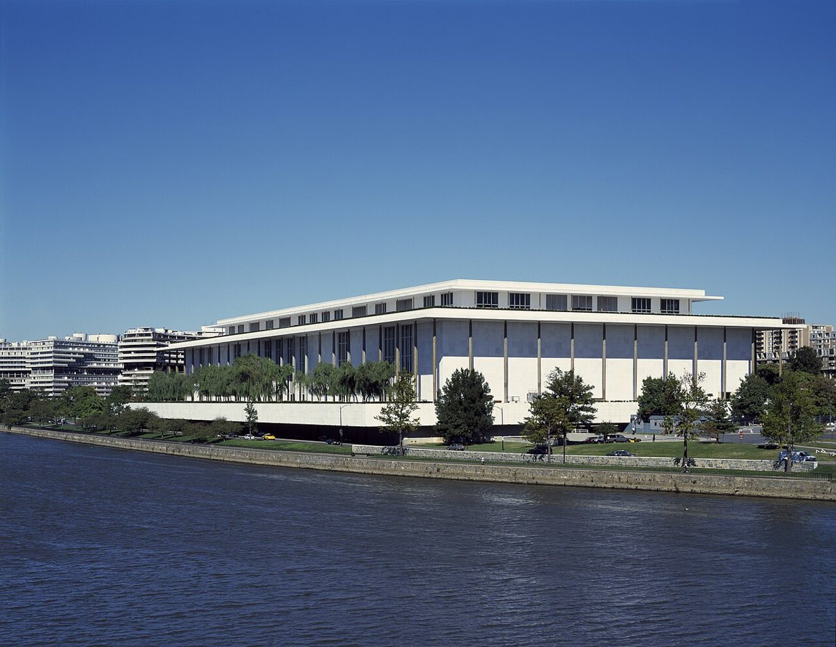 Kennedy Center rooftop terrace overlooking the Potomac River at sunset