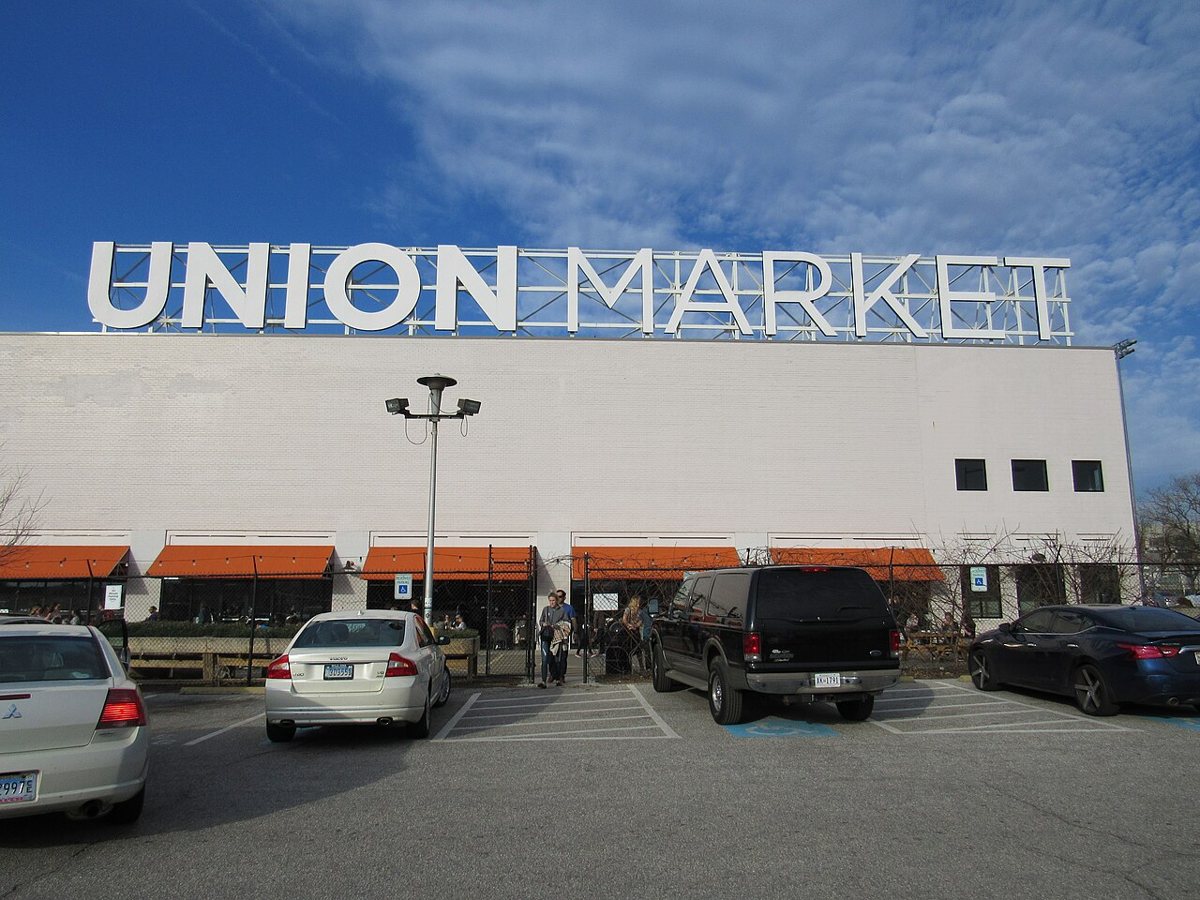 outdoor seating and vendors at Union Market in spring