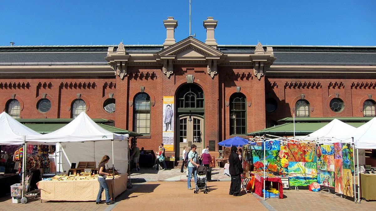 Farmers and shoppers outside Eastern Market on a summer Saturday morning in Washington DC