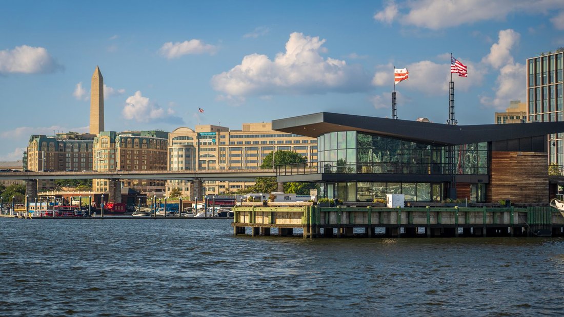 The Wharf waterfront along the Washington Channel, with the Washington Monument beyond